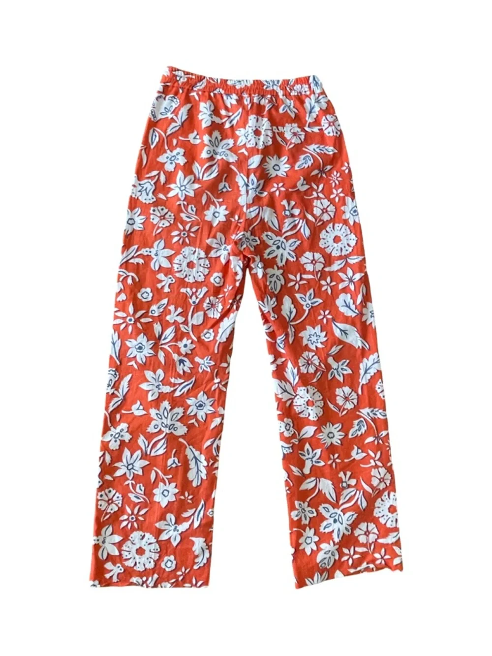 Zara Linen Blend Floral Drawstring Pants Wide Leg Orange White Size Small